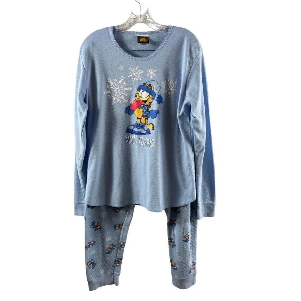 Vintage Garfield Mmm...Flakey Winter Snowflake Pajama Set Womens XL Light Blue